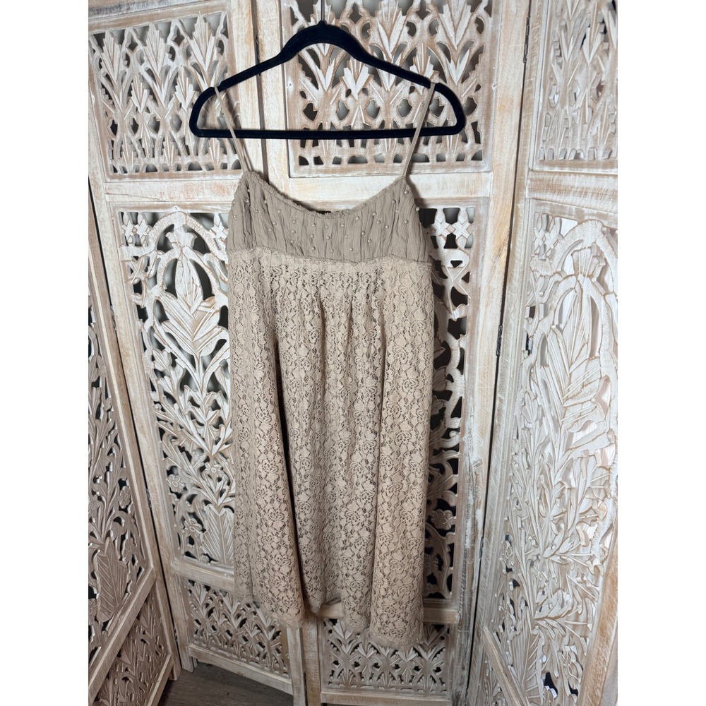 Intuitions Taupe Silk Lace Empire Waist Midi Dress Pearl Accents Size 12